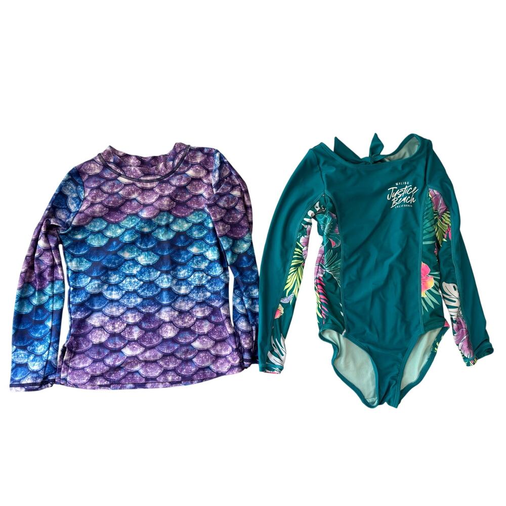 Justice Girls 7/8 Tropical Floral One Piece Swimsuit Rash Guard Long Sleeve